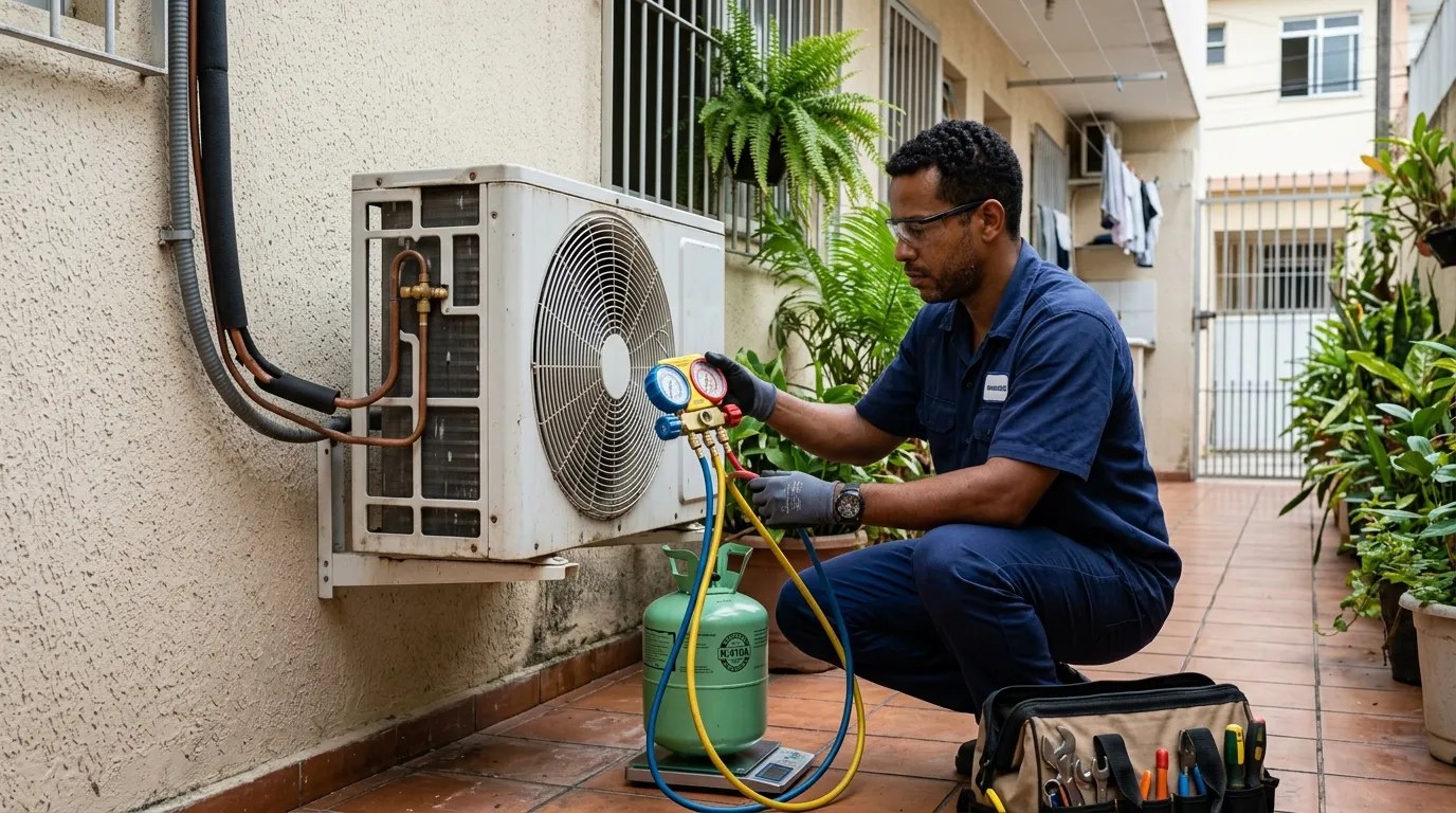Técnico fazendo carga de gás na condensadora do ar-condicionado em Jaboatão dos Guararapes‑PE