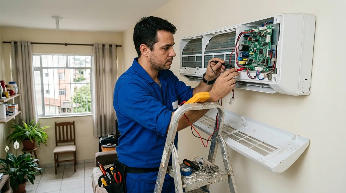 Técnico trocando a placa eletrônica de ar-condicionado split em Jaboatão dos Guararapes‑PE