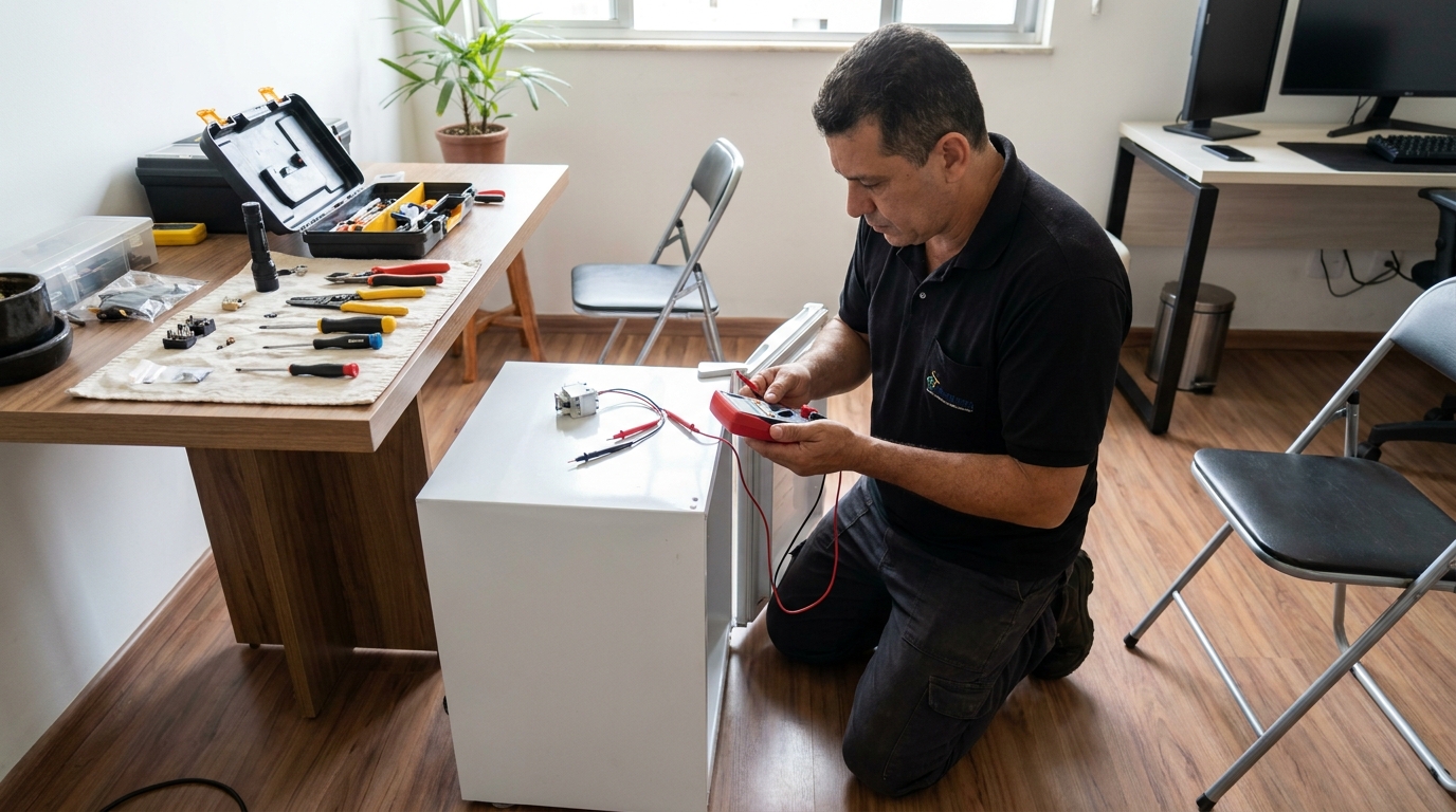 Manutenção da placa eletrônica de um frigobar nas Comportas, Jaboatão dos Guararapes‑PE