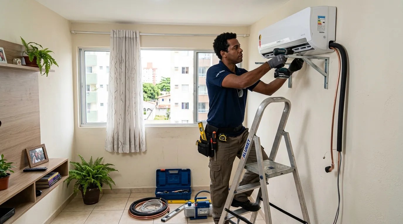 Técnico instalando ar-condicionado split em residência em Jaboatão dos Guararapes‑PE