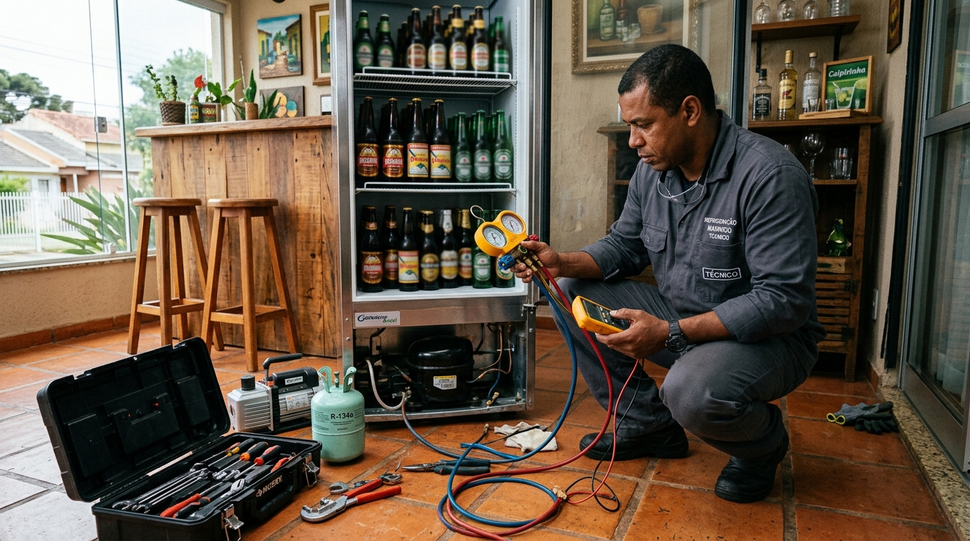 Técnico revisando o motor de uma cervejeira durante chamado em Jaboatão dos Guararapes‑PE