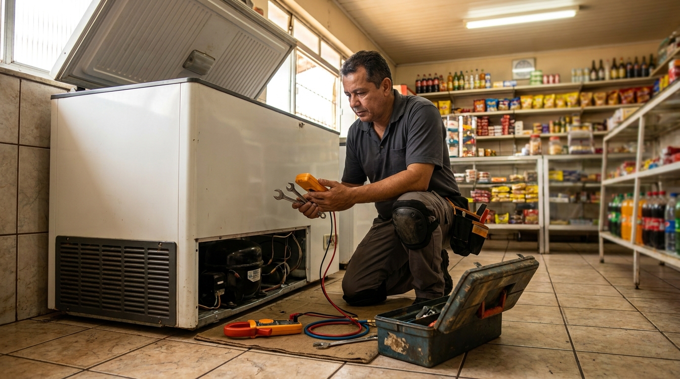 Técnico reparando o motor de um freezer horizontal em Jaboatão dos Guararapes‑PE