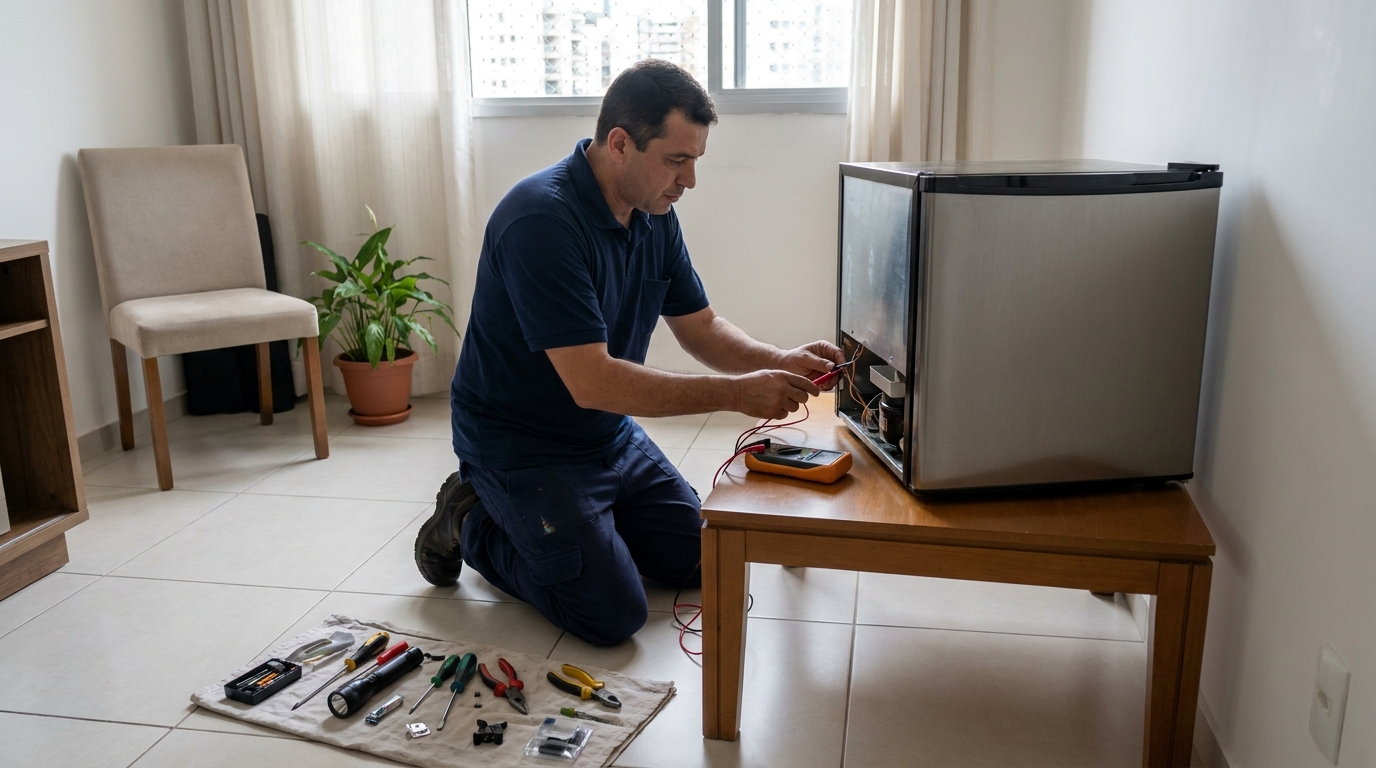 Técnico revisando o motor de um frigobar nas Comportas, Jaboatão dos Guararapes‑PE
